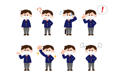 マスクをつけたブレザー男子イラストセット（デフォルメカラー）