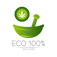 Green cannabis herbal bowl vector logotype. Concept symbol for medical, clinic, pharmacy business or shop. Nature marijuana design with leaf element. Creative ECO label or logo. Herbal therapy