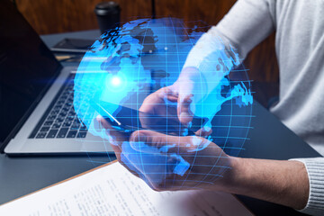 Man using phone. Hands typing smartphone. Double exposure with world map planet earth hologram. Close up. Internet and people connection concept.