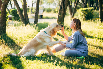 a young woman and a golden retriever dog sit on the grass in the park. The girl holds the dog's paw in her hand