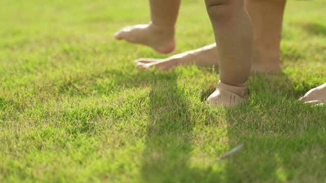 baby first step on a grass outdoor supported by mother