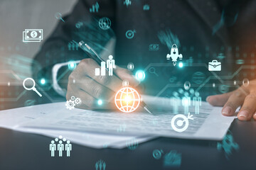 Woman signs agreement. Business icon hologram. Double exposure .