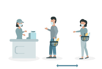 Fototapeta premium People keep their distance in the supermarket vector illustration. Flat design