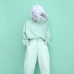 Aqua menthe trends. Fashion Casual look Girl minimal aesthetic. Monochrome color design
