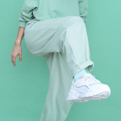 Aqua menthe trends. Fashion Casual look Girl minimal aesthetic. Monochrome color design, Street style