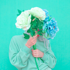 Flowers Girl aesthetic. Aqua menthe monochrome design. Fashion concept ideal for bloggers, websites, magazines, business owners