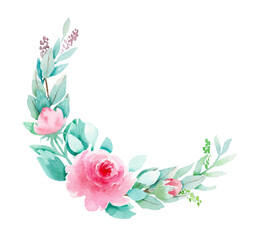 Pink and Mint wreath with eucalyptus, spring leaves and gentle roses. Botanical Watercolor illustration. Floral Design elements. Perfect for wedding invitations, greeting cards, prints, posters