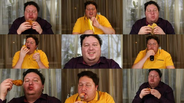 A split screen collage of a young fat man who eating a different foods