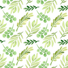 Spring watercolor seamless pattern. Botanical background with eucalyptus, branches and leaves. Greenery illustration. Floral Design. Perfect for invitations, wrapping paper, textile, fabric, packing