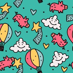 Vector seamless pattern. Kids background with cartoon elements. Pink pig, cloud, balloon, star. Cute print for textiles and paper. - 362517323