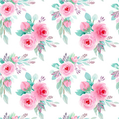 Watercolor seamless pattern. Hand drawing botanical illustration with pink roses bouquet and white backgraund. Floral Design. Perfect for invitations, wrapping paper, textile, fabric, poster, packing