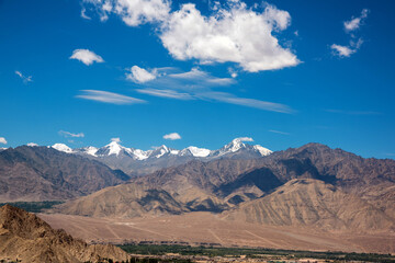 Landscape panorama caucasus mountain with autumn hills daytime, near leh, ladakh, India.