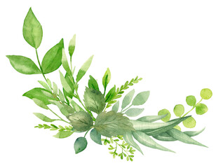 Greenery bouquet with spring leaves and eucalyptus branches. Botanical Watercolor illustration. Floral Design elements. Perfect for wedding invitations, greeting cards, prints, packing, posters