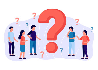 Frequently asked questions, group people around question marks. Abstract man and woman ask, need help. Faq concept. Vector illustration