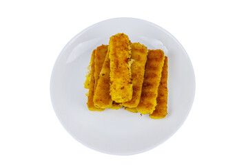 Fried fish fingers on a plate isolated on white background