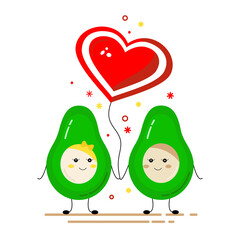 Couple on a walk. Happy avocados holding hands. Pair of romantic partners on date. Boyfriend and girlfriend.Creative design for card, banner, poster, sticker, logo, badge. Vector illustration flat car