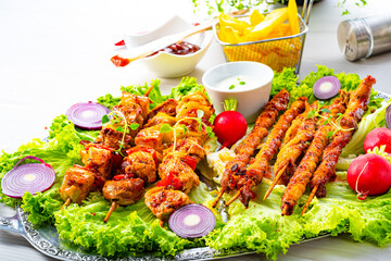 Grilled szaszlyk and meat flares with green salad