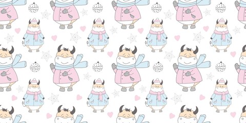 2021 symbol of the year ox. Christmas pattern. Bulls in the snow. Design for wrapping paper, fabric and clothing. Pastel delicate colors