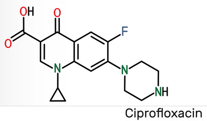 Ciprofloxacin, quinolone molecule. It is a synthetic broad spectrum fluoroquinolone antibiotic. Skeletal chemical formula