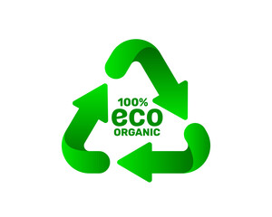 Recycling sign, triangular looped arrows, green icon white background. Vector