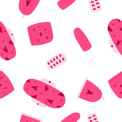 feminine hygiene pattern, pink elements on a white background