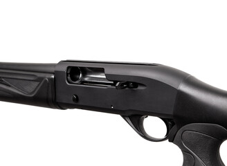 Modern left-handed semi-automatic tactical shotgun isolate on white back. Smoothbore weapons for sports, hunting and self-defense.