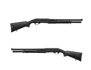 Modern pump-action shotgun with a plastic butt and fore-end isolate on a white back. Weapons for sports and self-defense. Armament of police, army and special units.