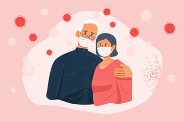 Obraz premium Stressed old couple wearing face masks amid coronavirus. Vector Illustration