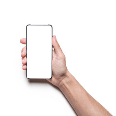 Hand showing mockup phone with blank screen. Isolated on white background