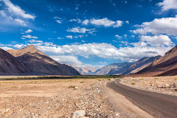 Road National Highway 1 asphalt road in Himalayas. Ladakh, Jammu and Kashmir, India