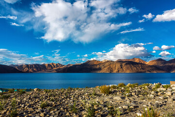 Mountains and Pangong tso (Lake). It is huge and highest lake in Ladakh.