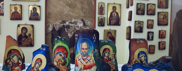 Kalambaka, Greece - September 17, 2019: Orthodox icons in a church shop, church faith concept