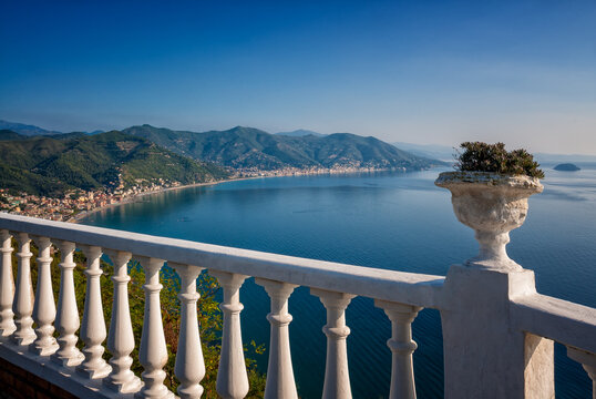 Panoramic view from the hill of the Ligurian coast with the cities of Laigueglia and Alassio