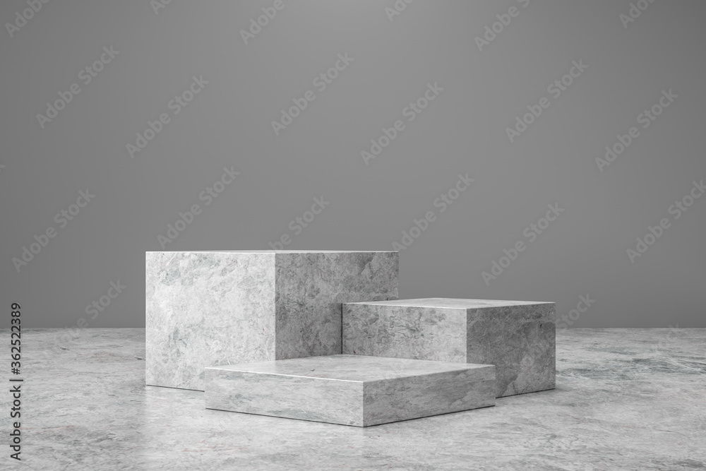 Poster Marble pedestal or product display on luxury background with presentation concept. Stone podium stage. 3D rendering.