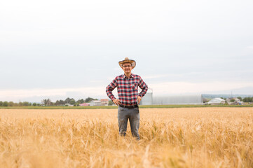 Naklejka na ściany i meble Farmer with hat on his head in the wheat field. Business and agriculture development concept.