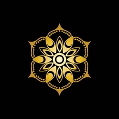 Gold Flower Mandala Logo Vector in Elegant Style with Black Background