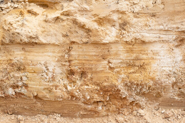 Layers of clay and orange sand soil, background, geological