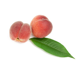 ripe red peach and green leaf, sweet fruit