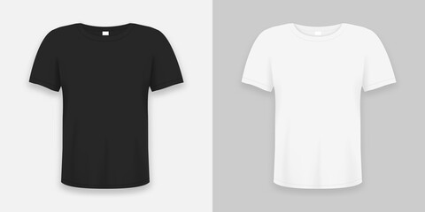 T-shirt realistic mockup in white and black color. 3d template of tee shirts set with short sleeve. Basic editable mockup in front view with shadow. Vector.