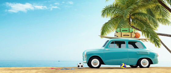 Fototapeta na wymiar car with surfboard and luggage on top on the beach in front of the palms and ocean, summer 3D background illustration concept