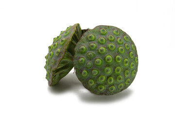 Green lotus seed pod isolated on white background