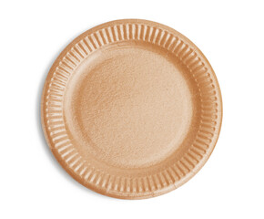 empty round brown disposable plate made from recycled materials isolated on white background