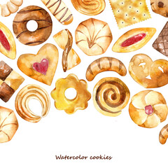 Watercolor hand drawn illustration of baked pastry. Frame with croissant, biscuit, cookie and chocolate donut. Sweet food for washi tape design, banner and ribbon. Snack for teatime.