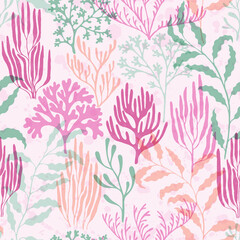 Fototapeta premium Ocean corals seamless pattern., Red Sea coral reef branches and bushes cartoon.