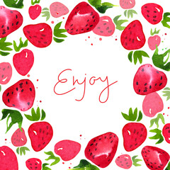 Watercolor strawberry design on white background with copy space. Decorative hand drawn summer frame with red berries