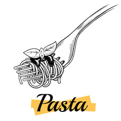 Italian pasta. Spaghetti on a fork with sauce and herbs. Vector vintage black illustration isolated on a white background. Engraving, outline, ink style.