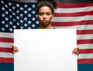 Black woman holding empty poster over USA flag background