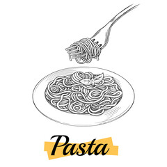 Spaghetti on a plate, fork with spaghetti Vector vintage black engraving isolated on a white background. Italian pasta. A hand-drawn design element for the menu. Contour, mascara. Vector illustration.