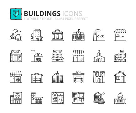 Simple set of outline icons about buildings. Architecture