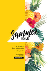 Bright summer poster with exotic palm leaves, plants, pineapples and hibiscus flowers. Copy space, vector flyer or banner design.